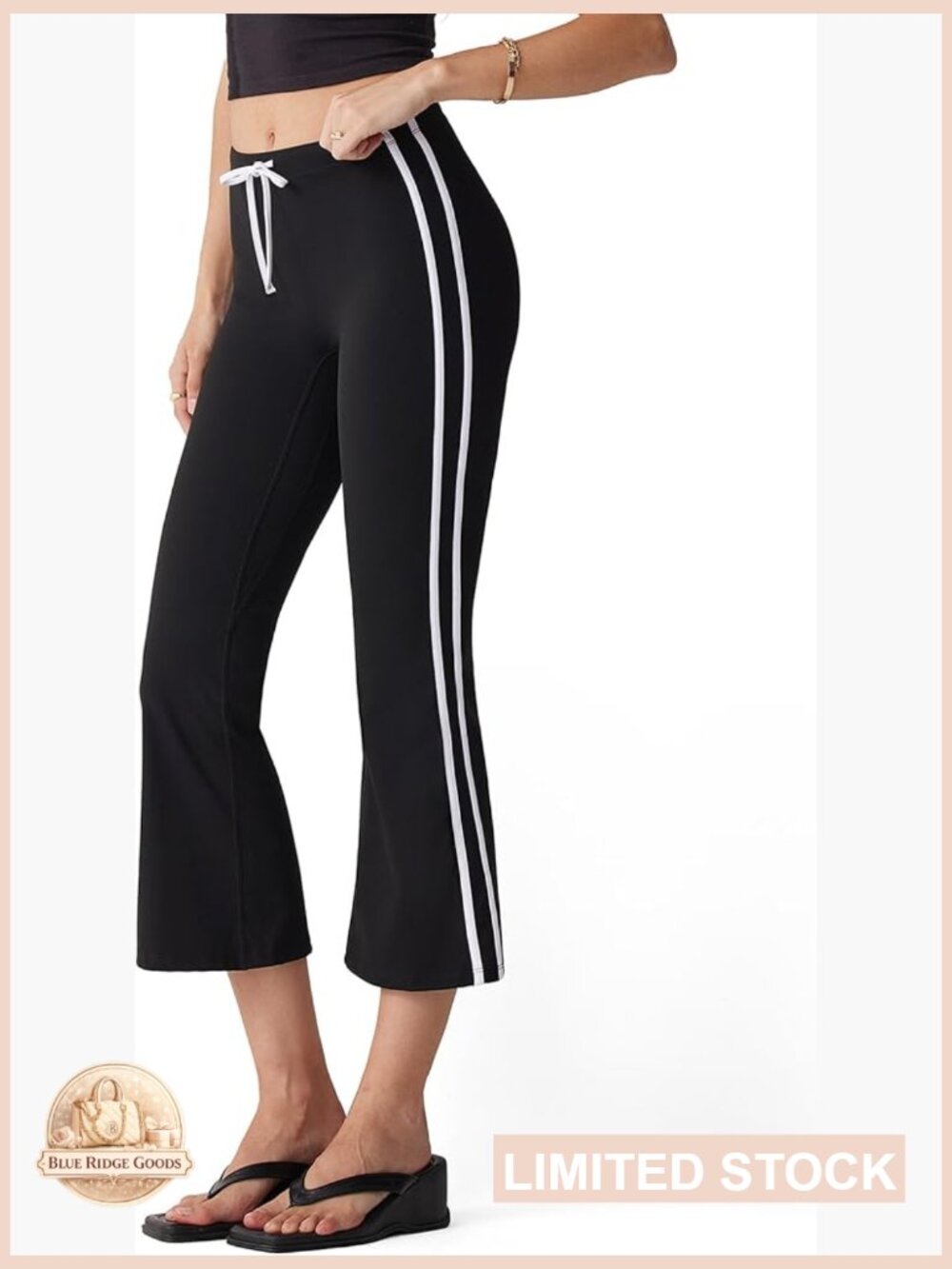 High Waisted Flare Capri Yoga Pants Side Stripe Drawstring Bootcut Cropped
